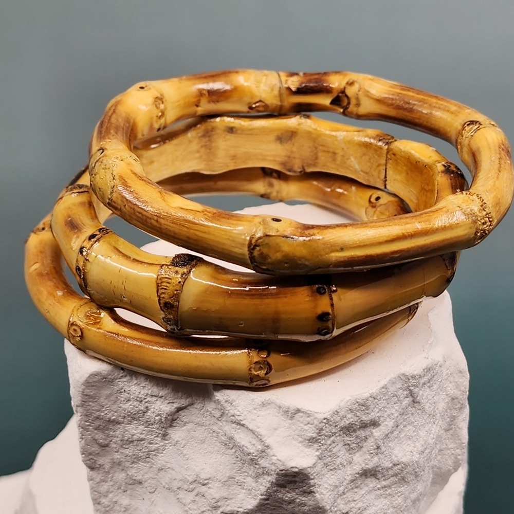 Vintage Style Faux Bamboo Resin Bangle Bracelet Set of 3 Tan Brown Boho Stack